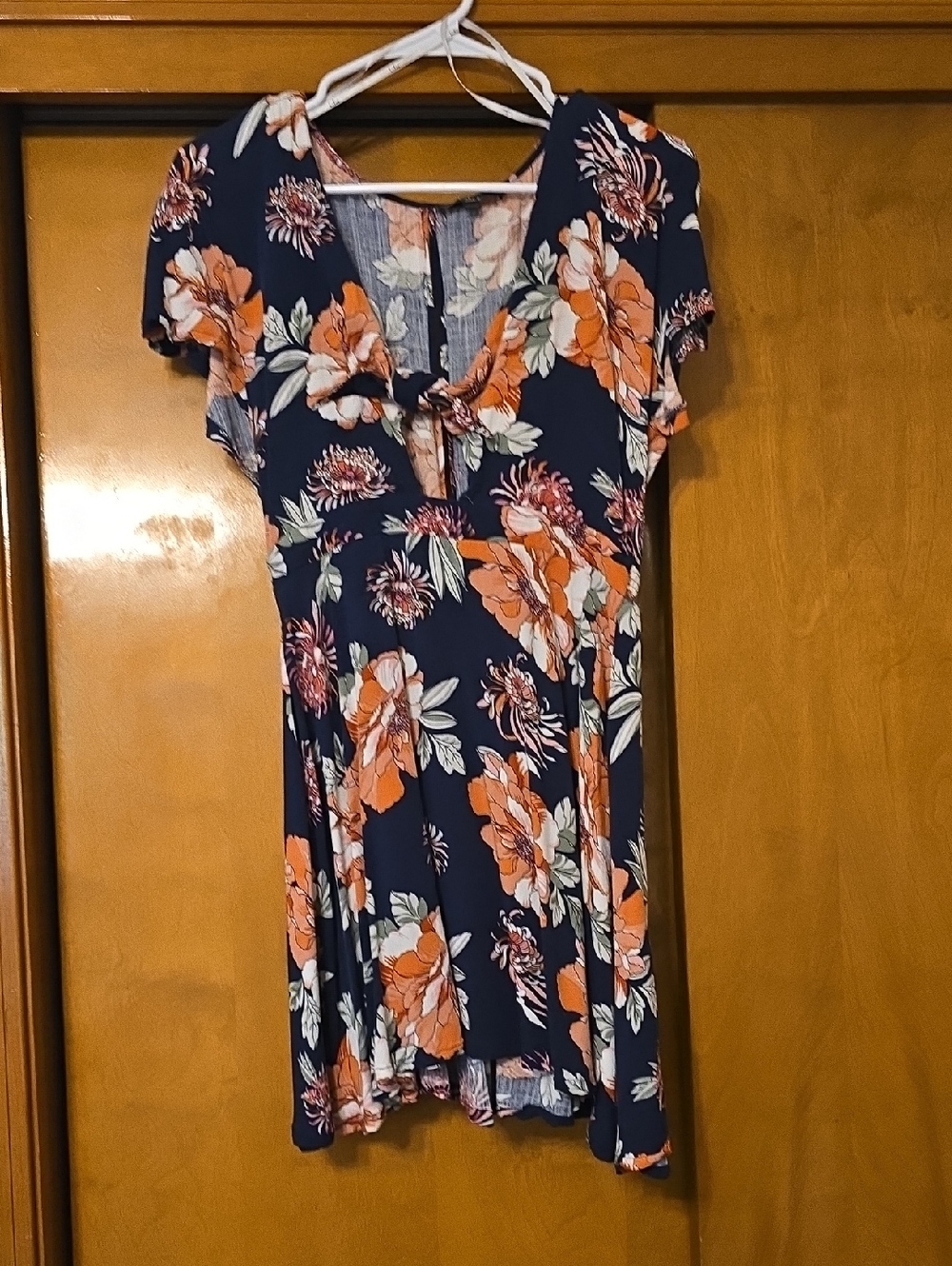 Lulu's Navy Mini Dress with Orange Floral Tie-Front